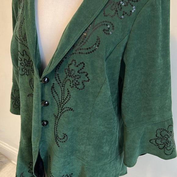 Bob Mackie Green Faux Suede Sequined Bell Sleeve Jacket - Picture 6 of 8
